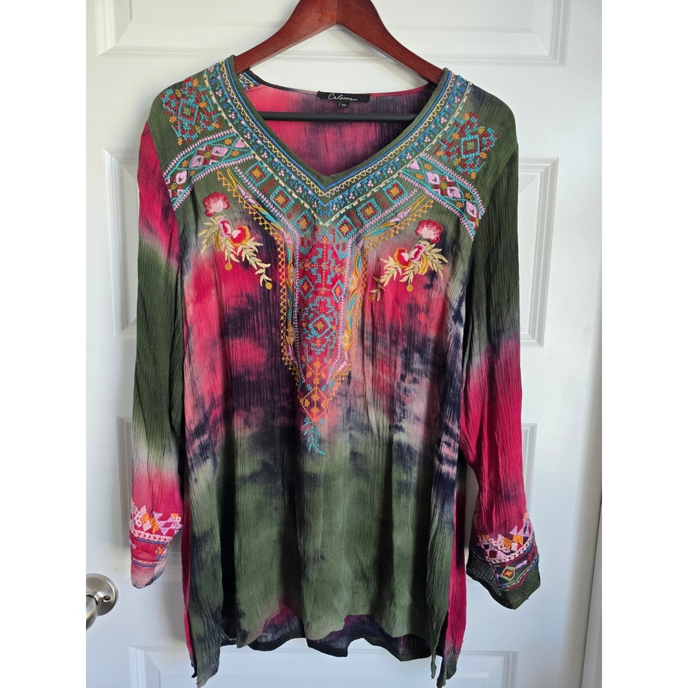 Caleoas Womens XL Boho Tie Dye Embroidered V-Neck Tunic Top Green Magenta Rayon